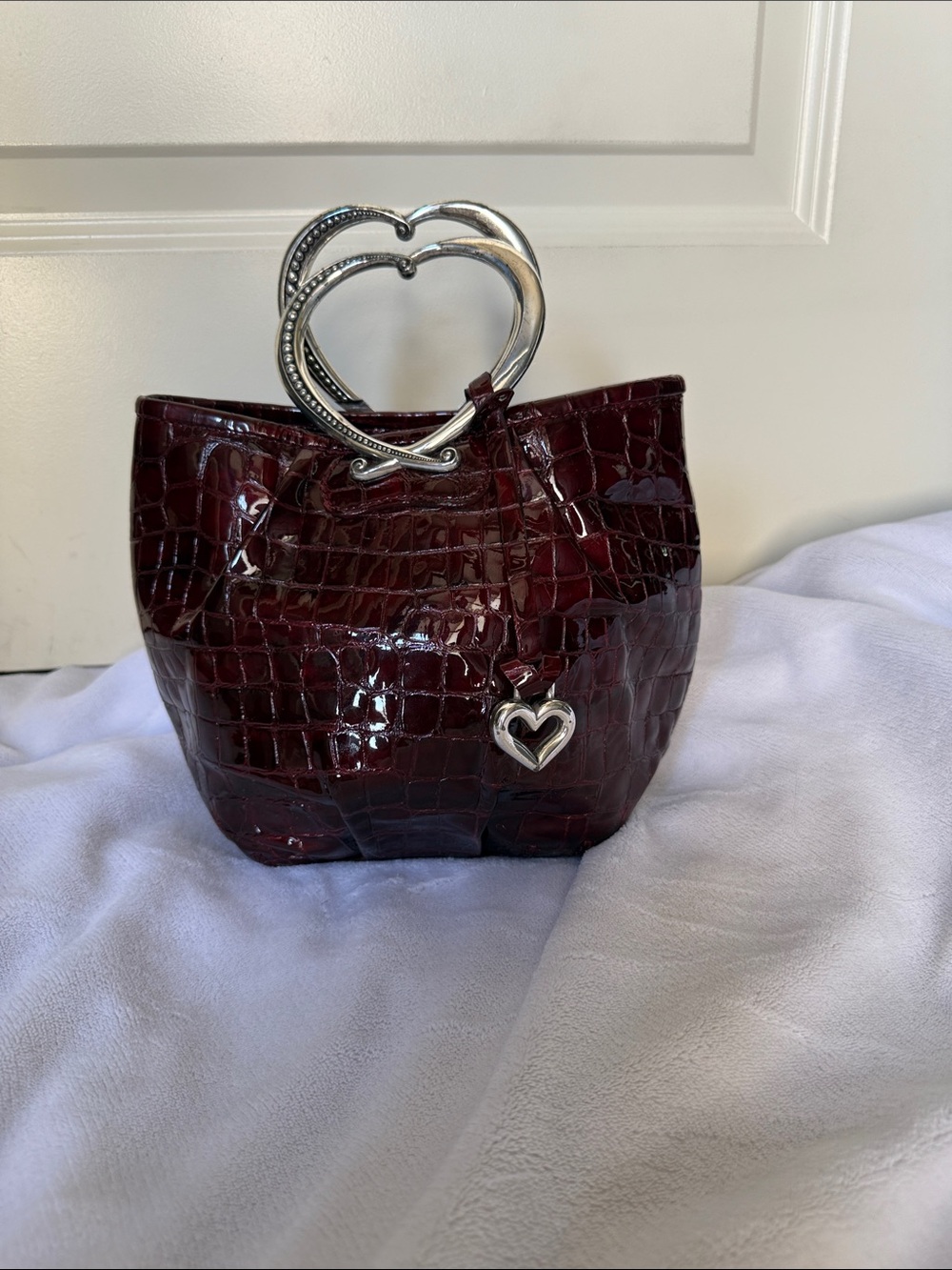 Women's Brighton Patent leather Croc-Embossed Heart Handle Handbag - Burgundy